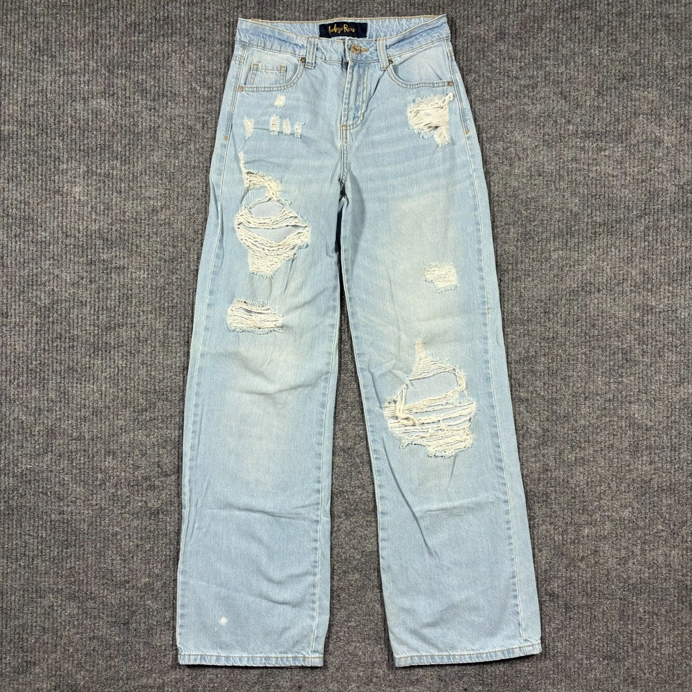 Indigo Rein Womens Wide Leg Jeans Size 3/25 Light Wash Distressed Denim Mid Rise